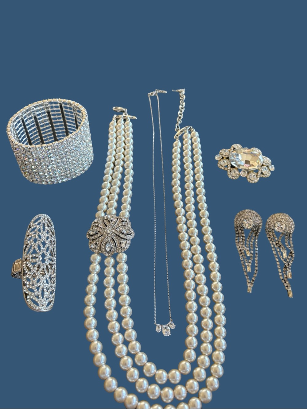Classic Pearl Multi-Strand Necklace, brooch, earrings, bracelet and ring